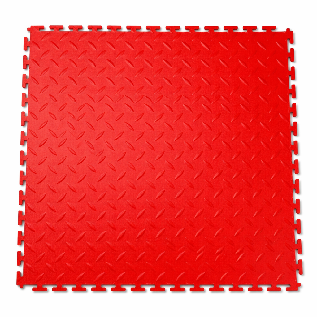 Red interlocking pvc garage floor tile mat on a white background
