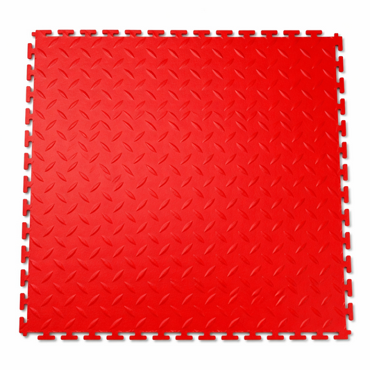Red interlocking pvc garage floor tile mat on a white background