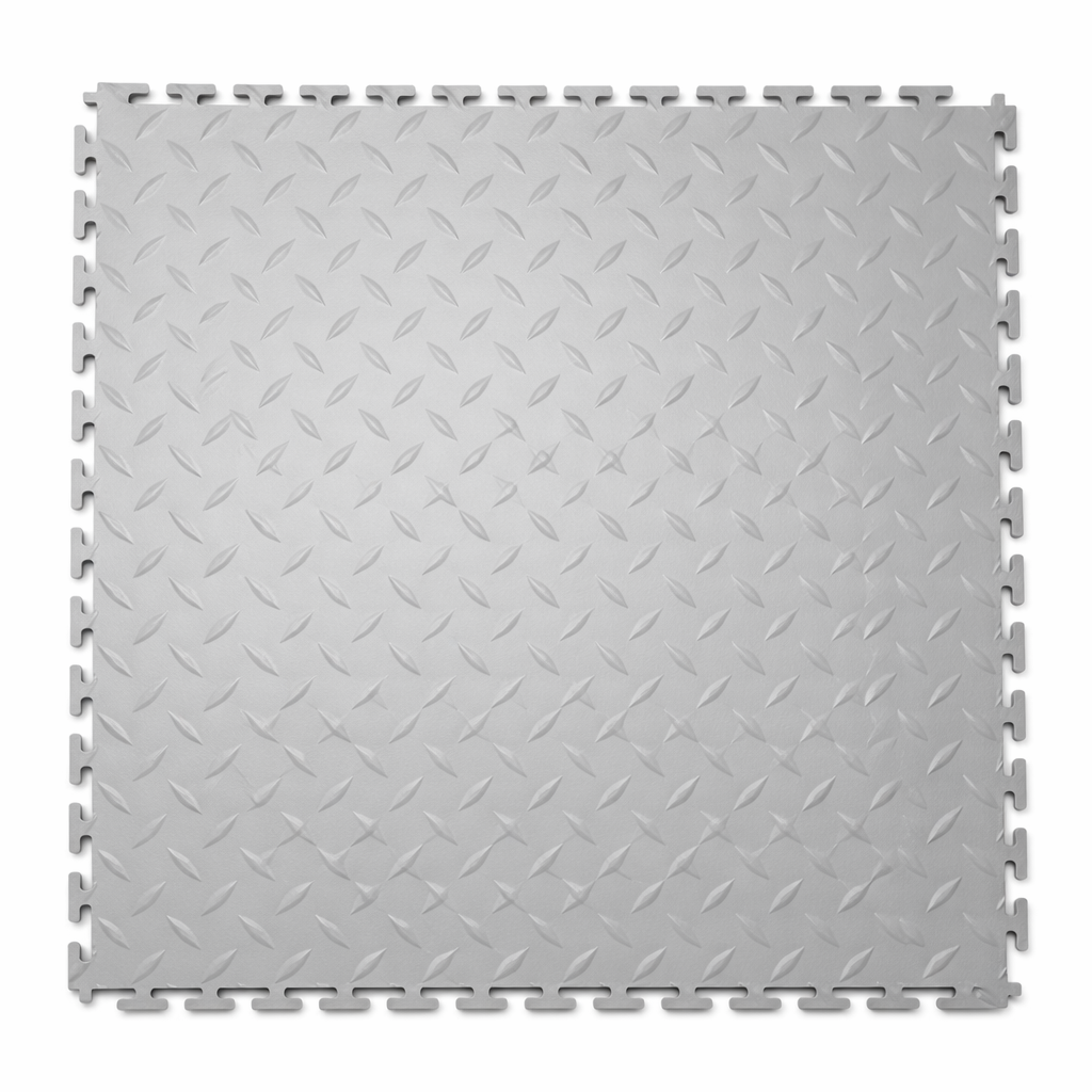 Gray interlocking floor tile on a white background