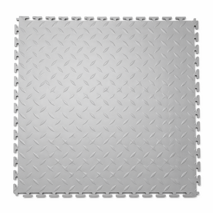 Gray interlocking floor tile on a white background